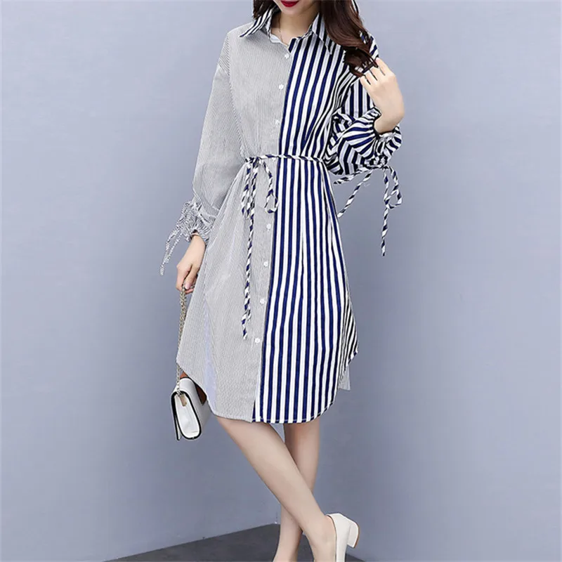 Платье с длинными рукавами в полоску платье миди 2019 осенняя новая стильная