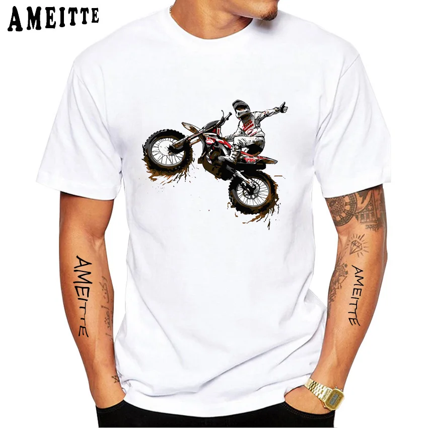 Outdoor Motocross Racing Jump Stunt Extreme Sport Print T-Shirt Men Funny Motorcycl Art Design White Hipster Tee  Мужская