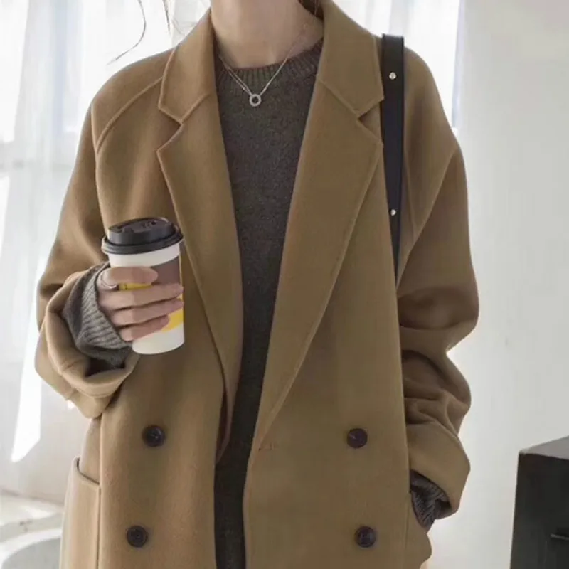 

2020 Women Autumn Khaki Double Breasted Wool Coat Jacket Turn-down Collar Woolen Overcoat Full Sleeve Straight Cardigan