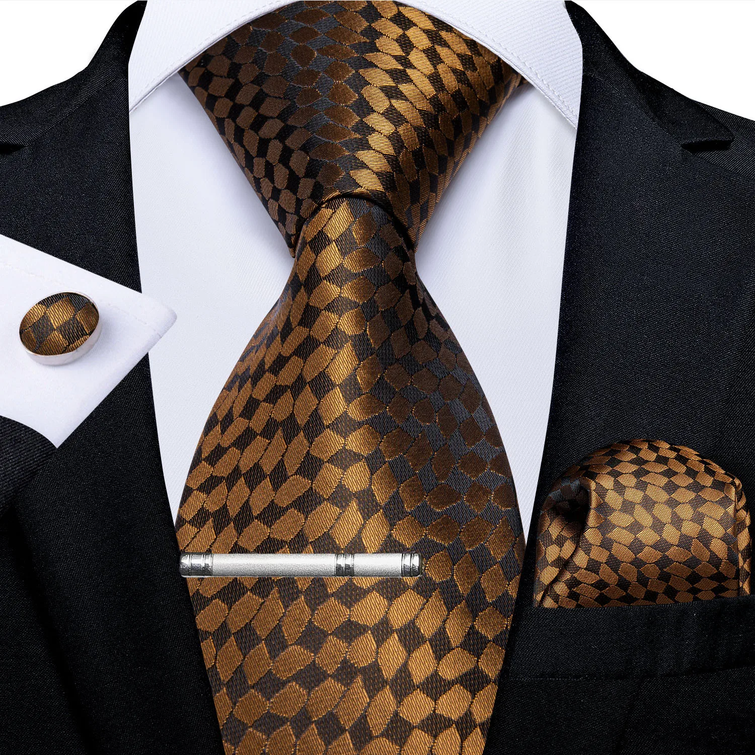 

Fashion Gold Plaid Men's Ties Business Wedding Tie Handkerchief Cufflinks Set Jacquard 100% Silk Cravat Gift For Men DiBanGu