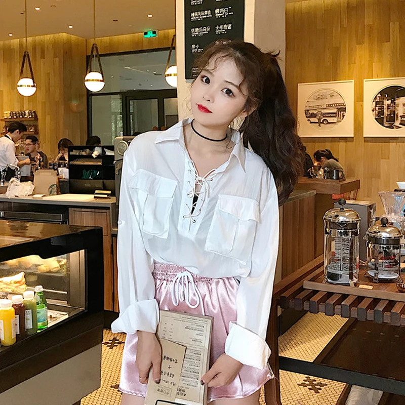 Винтажный отложной воротник карманы белый Harajuku стиль весна и осень женские топы