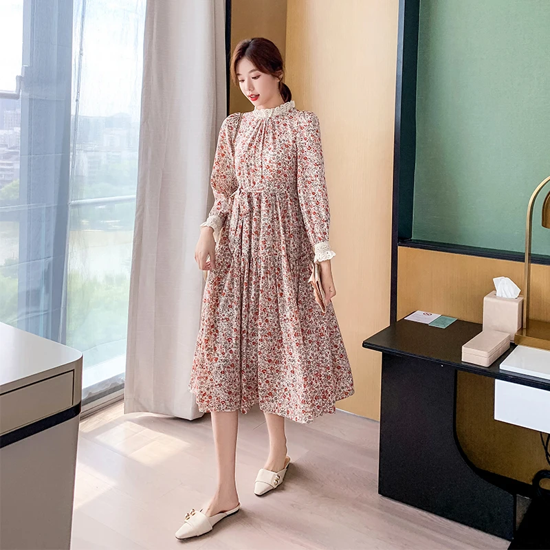 

Elegant Boho Vintage Casual Party Dress New Women Long Chiffon Floral Dress Autumn Spring 2021 Runway Korean Long Sleeve Dresses