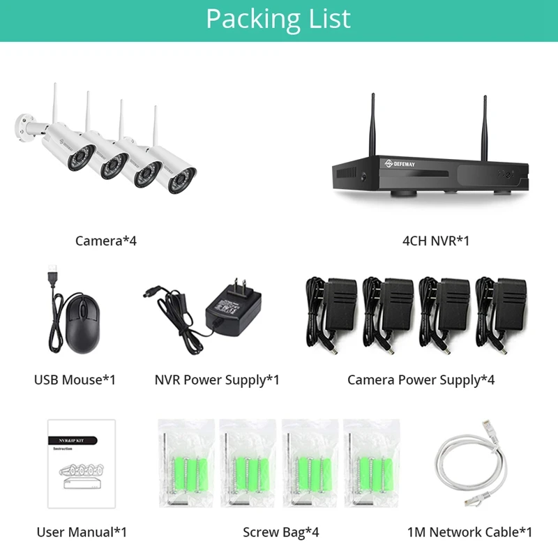 DEFEWAY беспроводная wifi камера с аудио 4CH 1080P HD NVR H.265+ домашний комплект видеонаблюдения 2.0MP 4 шт. wifi камера s без HDD