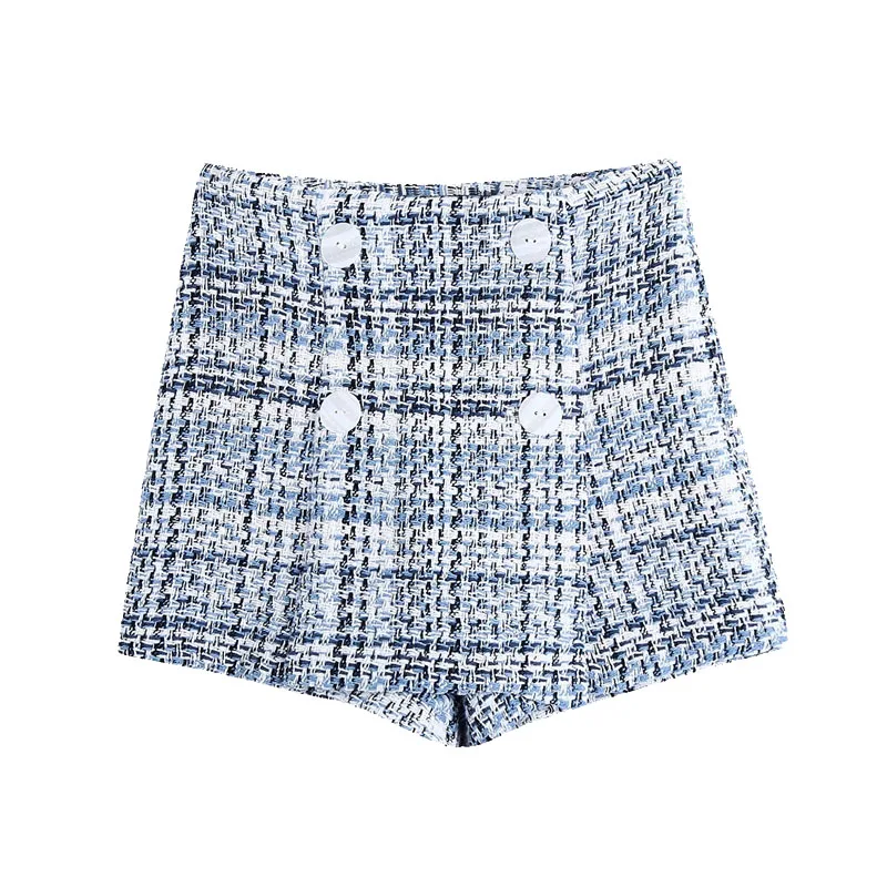 

2021 New Women Chic Fashion With Buttons Tweed Bermuda Shorts Skirts Vintage High Waist Side Zipper Female Skorts Mujer