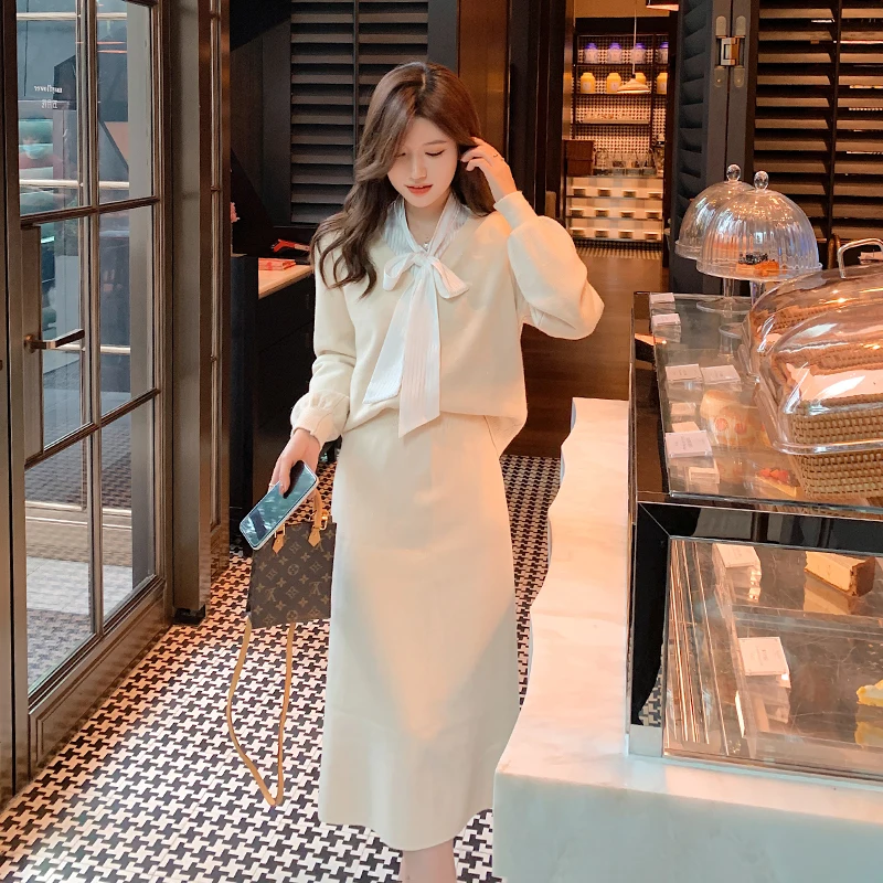 Женский костюм из двух предметов вязаный кардиган с бантом и V-образным вырезом