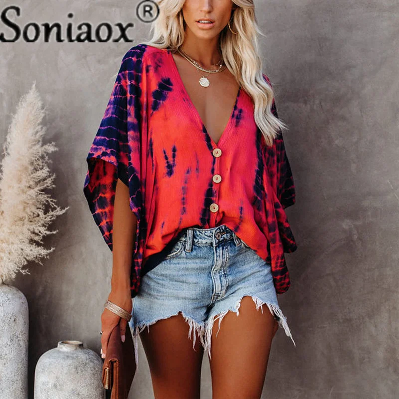 

High Street Women T-Shirts Batwing Sleeve Loose Tee Summer Beach Casual Top Long Sleeve Deep V-Neck Tie-Dye Shirt Plus Size 5XL