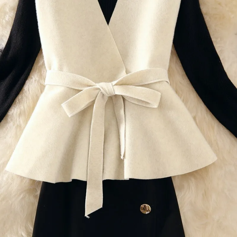 Женские Осенние костюмы из 3 предметов тонкий пуловер вязаная одежда + шерстяной