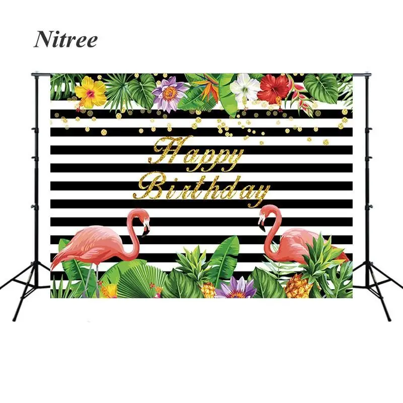 

Фон для фотосъемки на день рождения с изображением фламинго леса и цветов