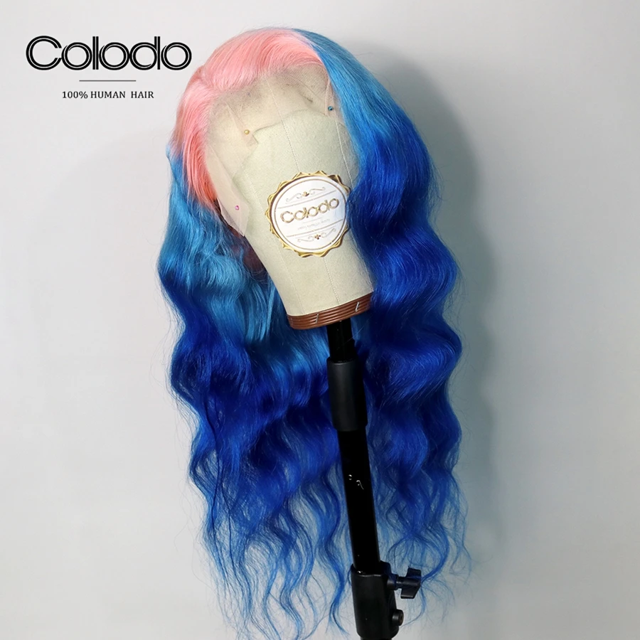 COLODO Wavy Pink Human Hair Wig 3 Tones Ombre Lace Front Wig With Baby Hair Remy Brazilian Transparent Lace Wigs For Black Women