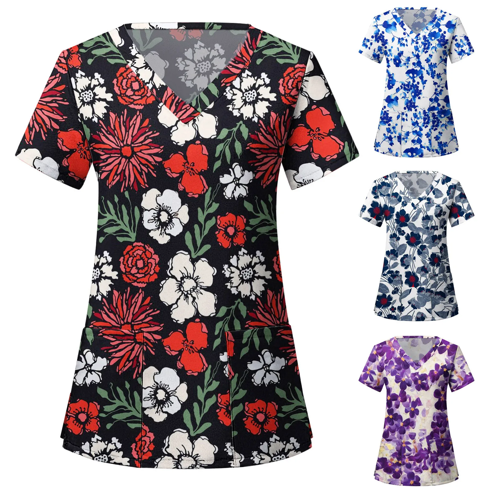 Женская блузка с коротким рукавом V-образным вырезом и цветочным принтом |