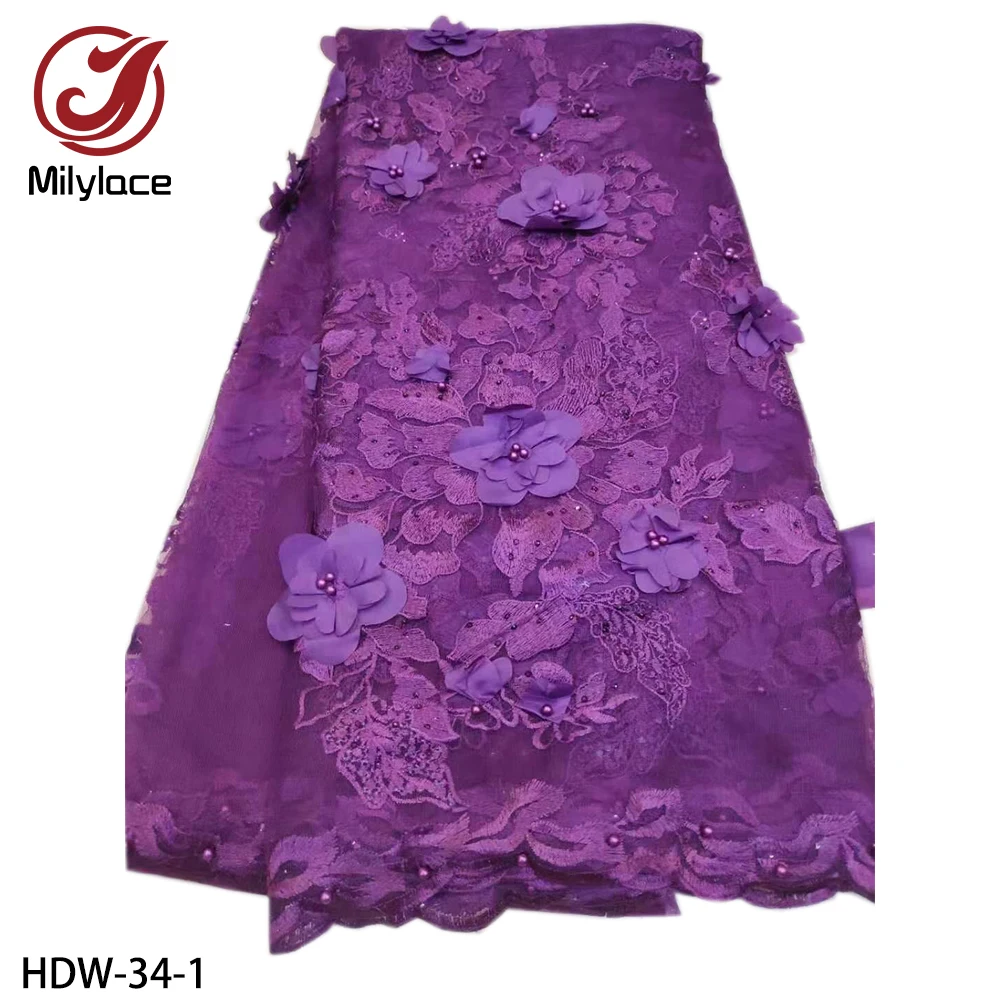 Milylace 3D цветок, французское кружево ткань розовый цвет вышитая кружевная тюль ткани с бисером и камнями для свадебных платьев HDW-34