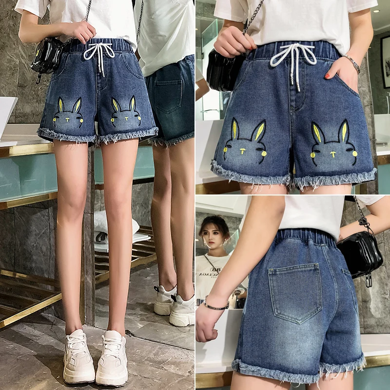 Женские джинсовые шорты из хлопка с вышивкой и плотной талией Свободные