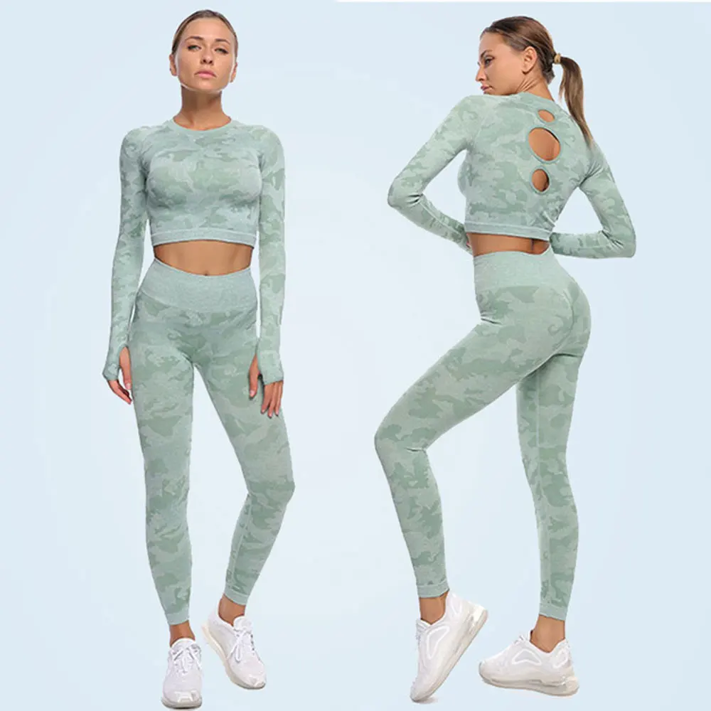 

2 in 1 Long Sleeves Yoga Top with Small Keyhole in the Back Seamless Pants Sportswear Women's Running Clothes Knitwears S21062