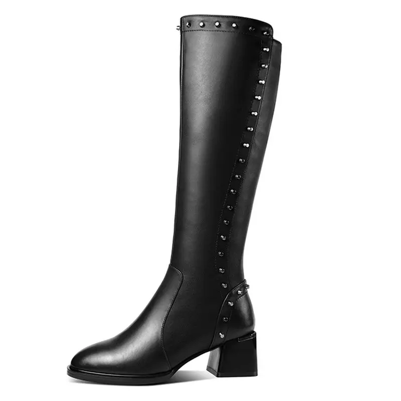 

Женские сапоги до колена на толстом каблуке, из натуральной кожи, на молнии