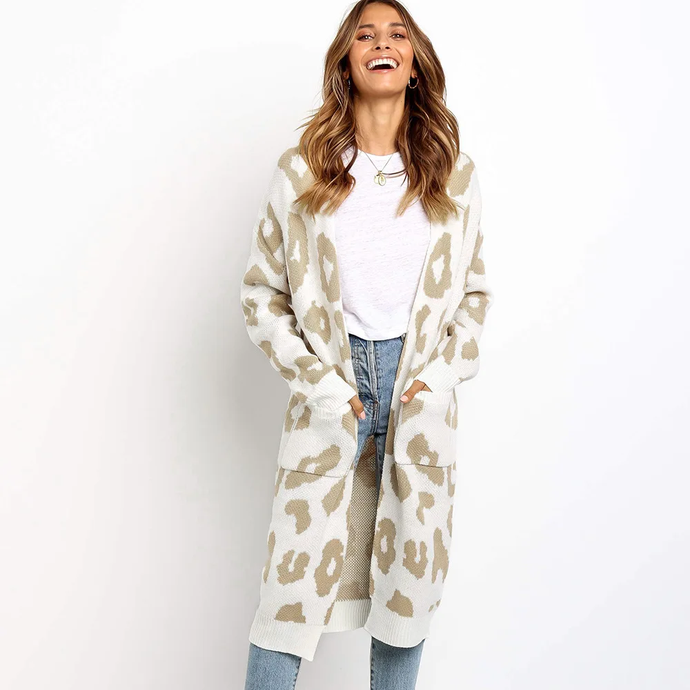 Leopard-White Tataria, Осень-зима, Женский вязаный кардиган с длинным рукавом, свитер, женский, Леопардовый, в горошек, вязаный, длинный кардиган, пальто для женщин - Цвет: Leopard-White