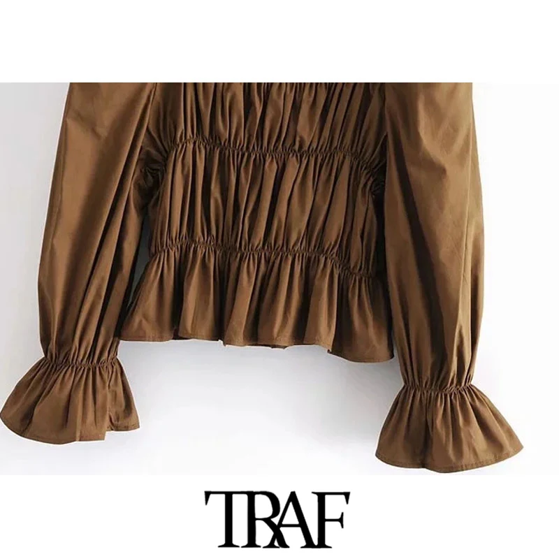 

TRAF Women Fashion Ruffle Smocked Elastic Cropped Blouses Vintage Square Collar Long Sleeve Female Shirts Chic Tops