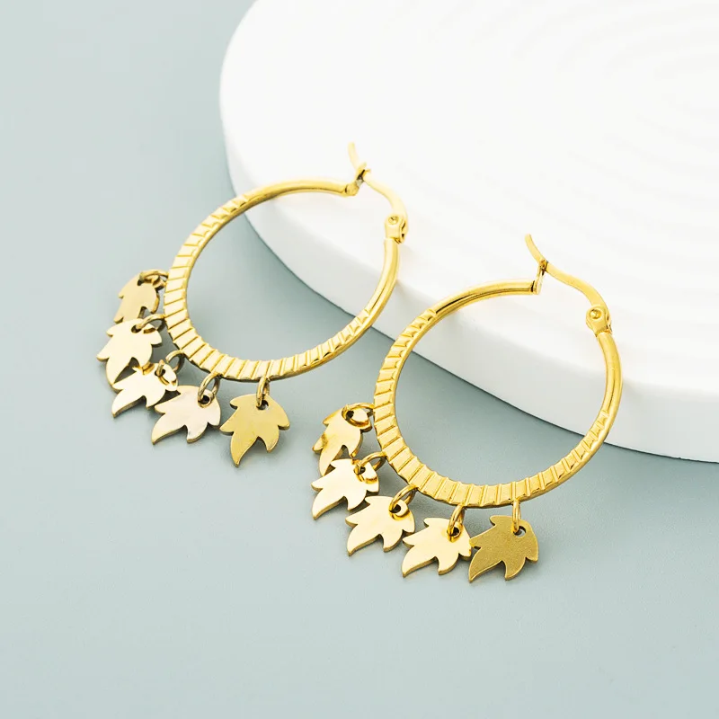 

Stainless Steel Ear Buckle Round Circle Earrings Leaf Charm Pendant Ear Jewelry for Women Trendy Gold Color Small Circle Earring