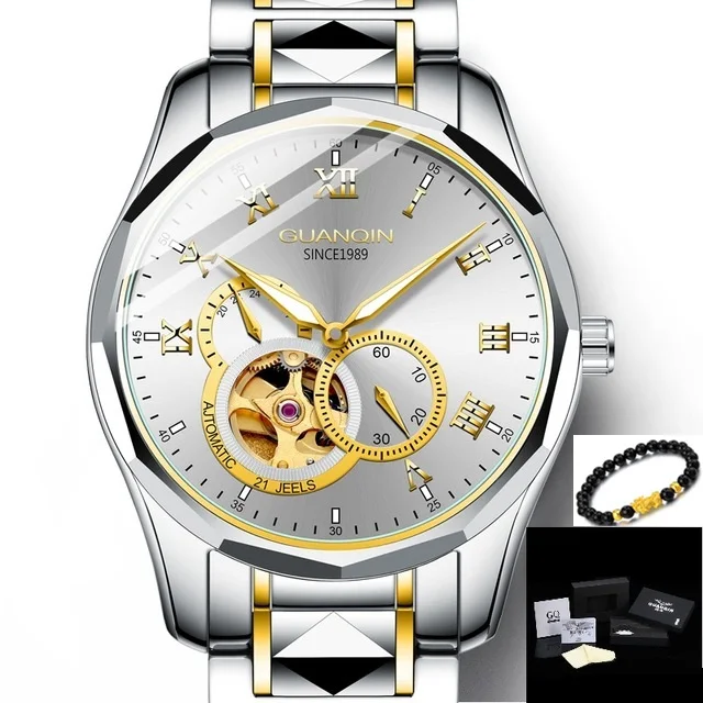 GUANQIN Japan MIYOTA Quartz Movement Automatic Mechanical Watch Men Luxury Tungsten Steel Push Button Hidden Clasp Male Clock - Цвет: Gold White