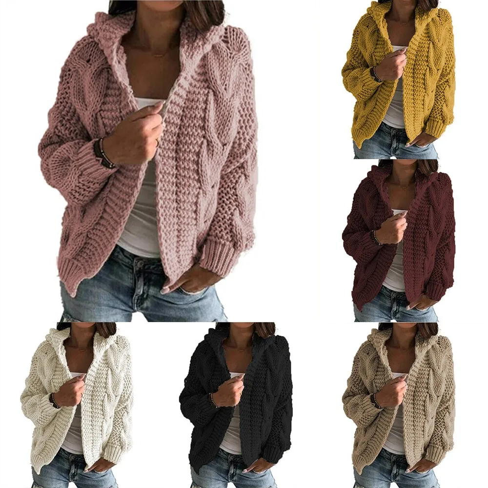 

Oversize Autumn Winter Women'S Chunky Knit Warm Solid Elegant Sweater Ladies Casual Soft Hooded Coat Cardigan Coat Tops Jacket
