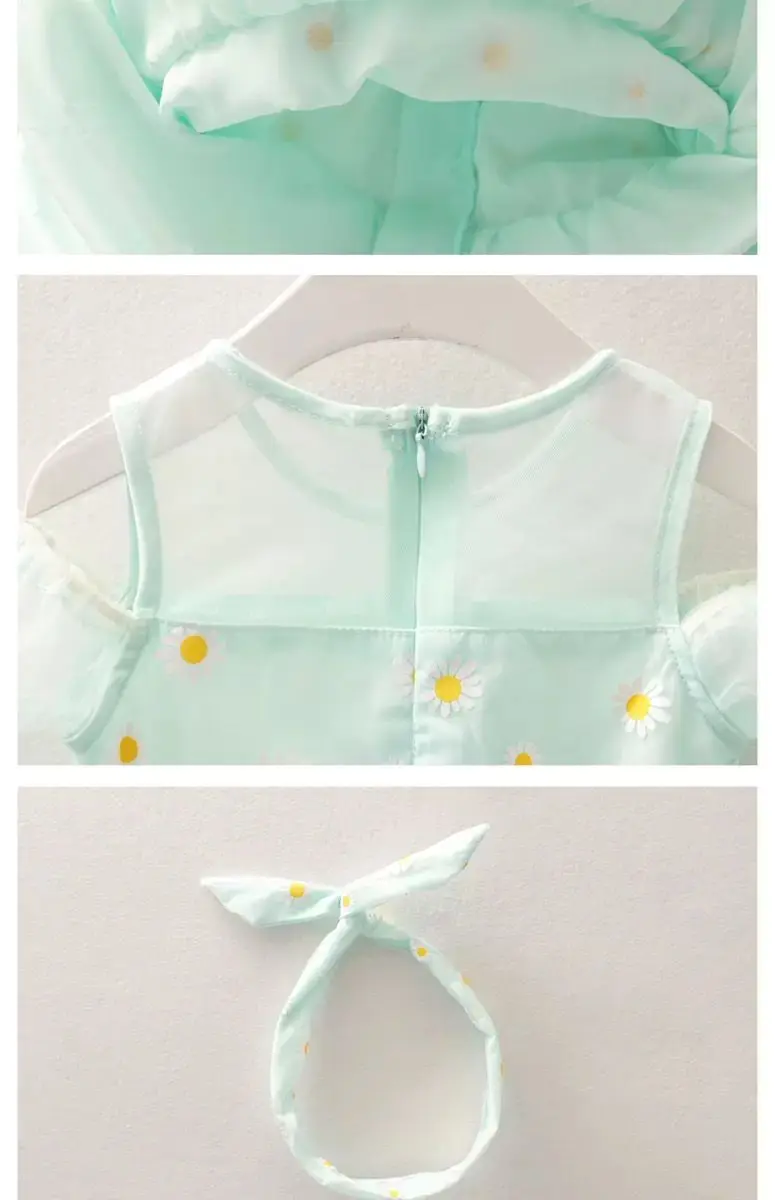 

2021 Kids Girl Summer Dresses Baby Girls Floral Mesh Ruffles Princess Toddler Dress With Hairband Children Lovely Clothing 1-10t
