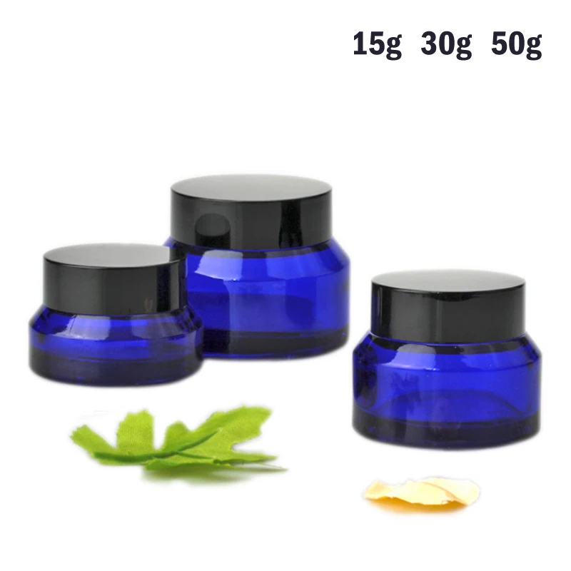 

1PCS 15g/30g/50g Blue Glass Amber Cosmetic Facial Cream Bottles Lip Balm Sample Container Jar Store Vials Travel Makeup Pots