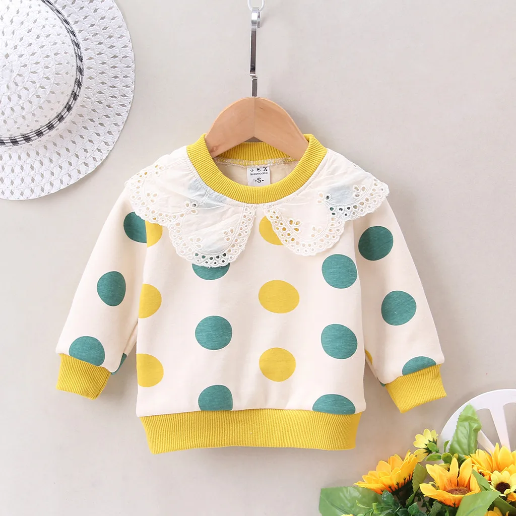 Toddler Baby Kids Girls Ruffles Dot Print Pullover Tops T-shirt Casual Clothes Children's Sweater Hoodie Autumn Winter