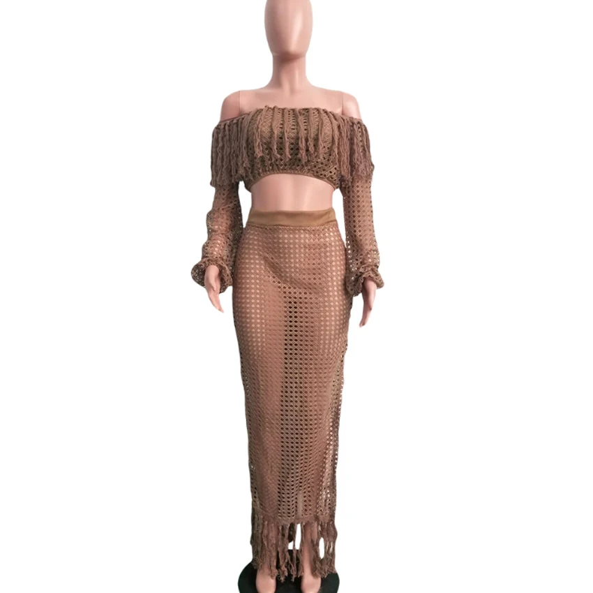 

Women's Grid Tassel beach Short Crop Top with hollow Long Dress Beach Outfits Summer Sexy Off Shoulder Two Piece Set