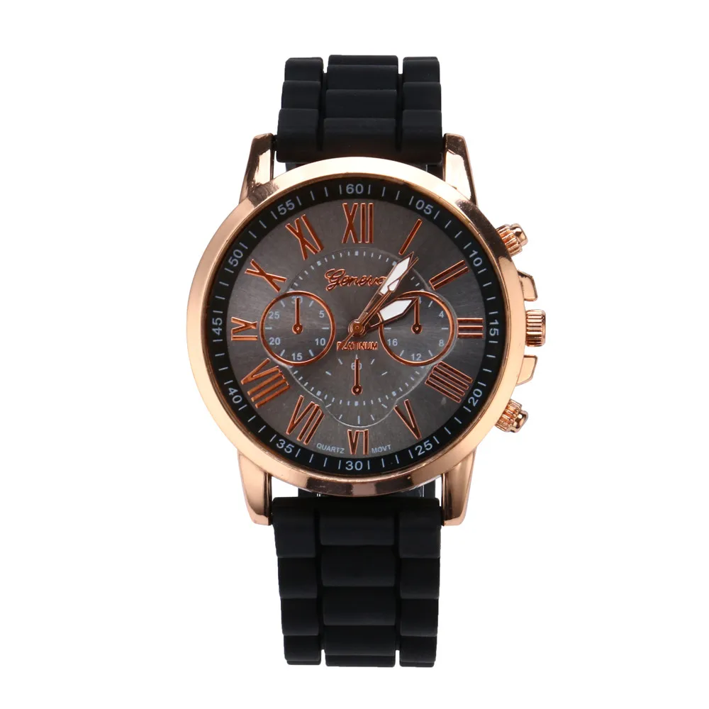 

Geneva Roman Numerals Silicone WristWatch Jelly Gel Quartz Analog Wrist Watch Black Ladies Watch Women Dress Black Clock