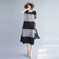 changpleat 2021 new summer womens short sleeved a line mid length dress miyak fold large size loose color matching dress