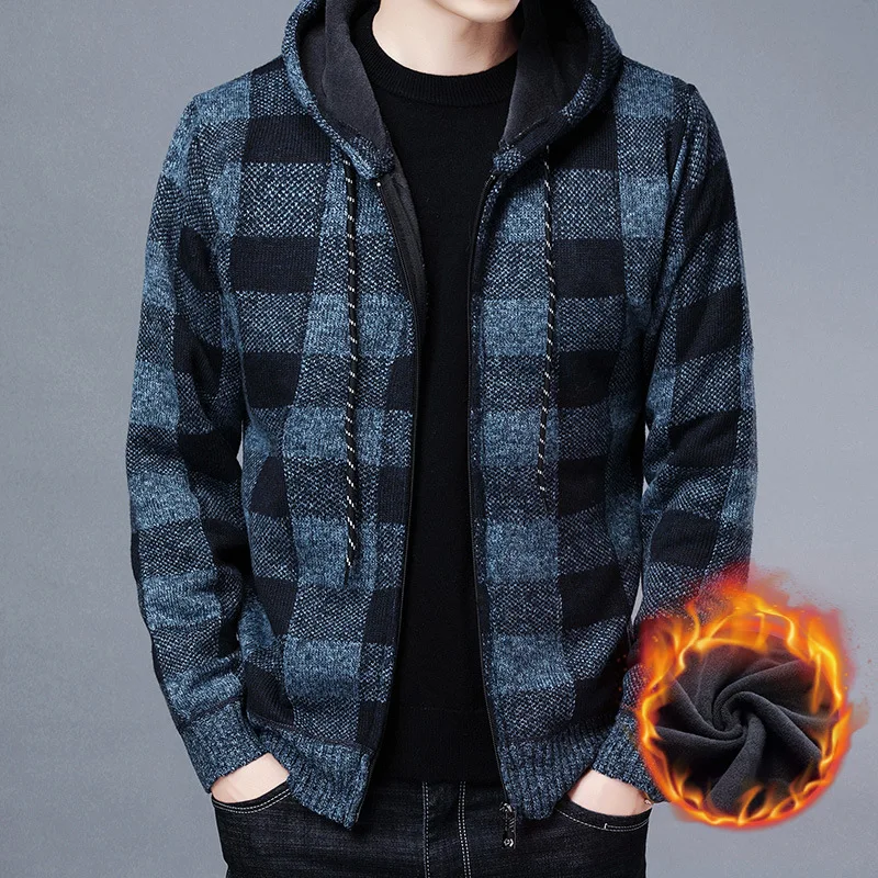 

Men's Sweater Coat 2021 Autumn Winter Thick Warm Hooded Plaid Wool Sweater Cardigan Jumpers Zipper Fleece Coat Men
