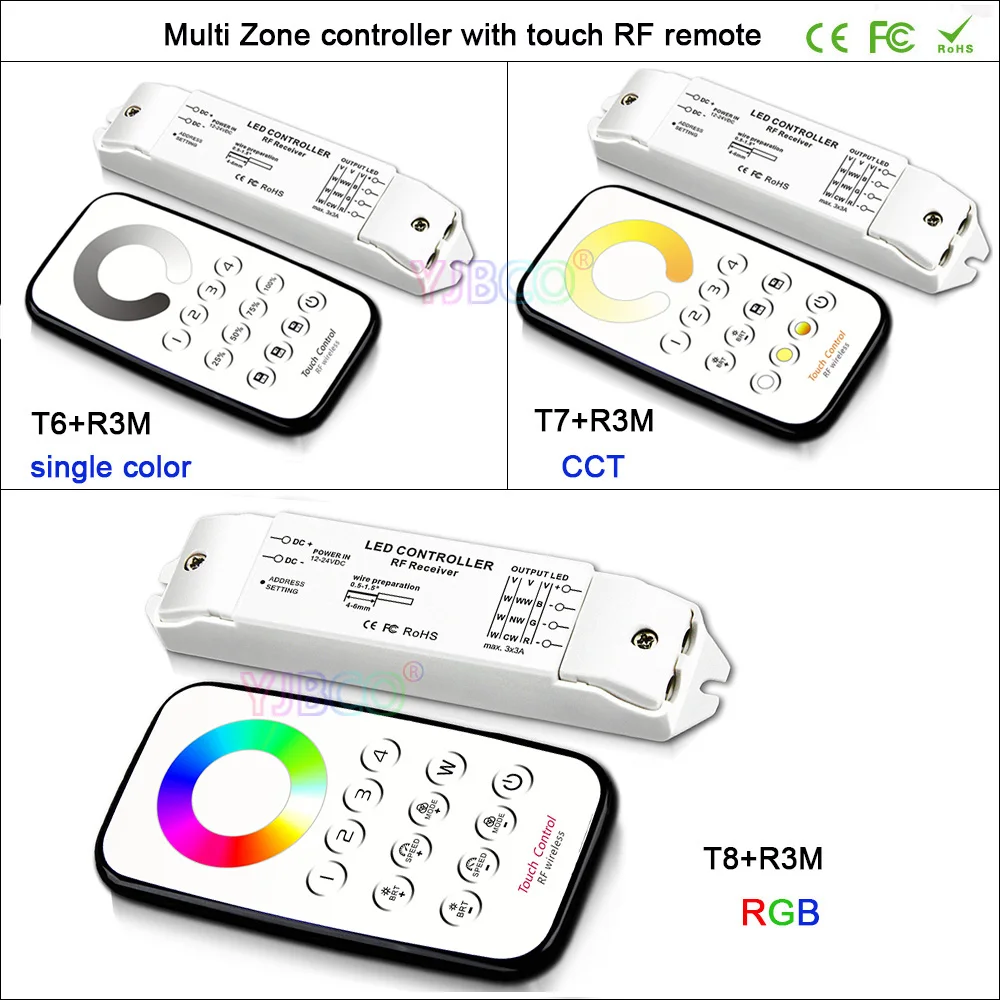 BC Multi Zone control СВЕТОДИОДНЫЙ Диммируемый/CCT/RGB Max 3 * 3A RF беспроводной пульт