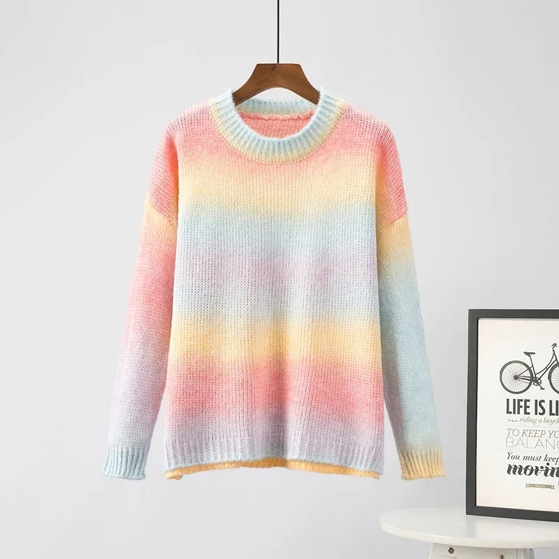 

Autumn Vintage O Neck Long Sleeve Stripe Gradient Knitted Sweater Women Tops Loose Casual Female Knitwear Pullover Sueter Mujer