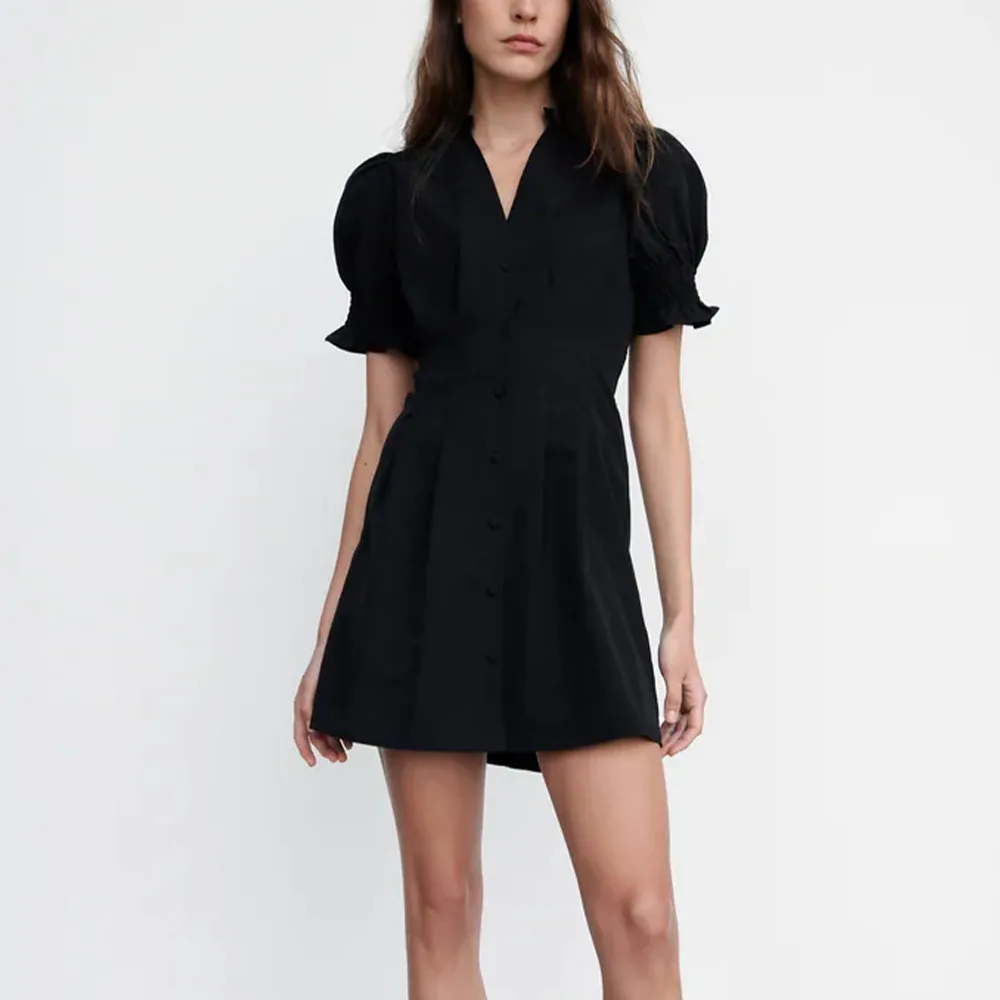 

BM UR HM ZA Women's 2021 Summer New Fashion V-neck Short Sleeve Pleated Decoration High Waist Slim Mini Dress Women's Skirt
