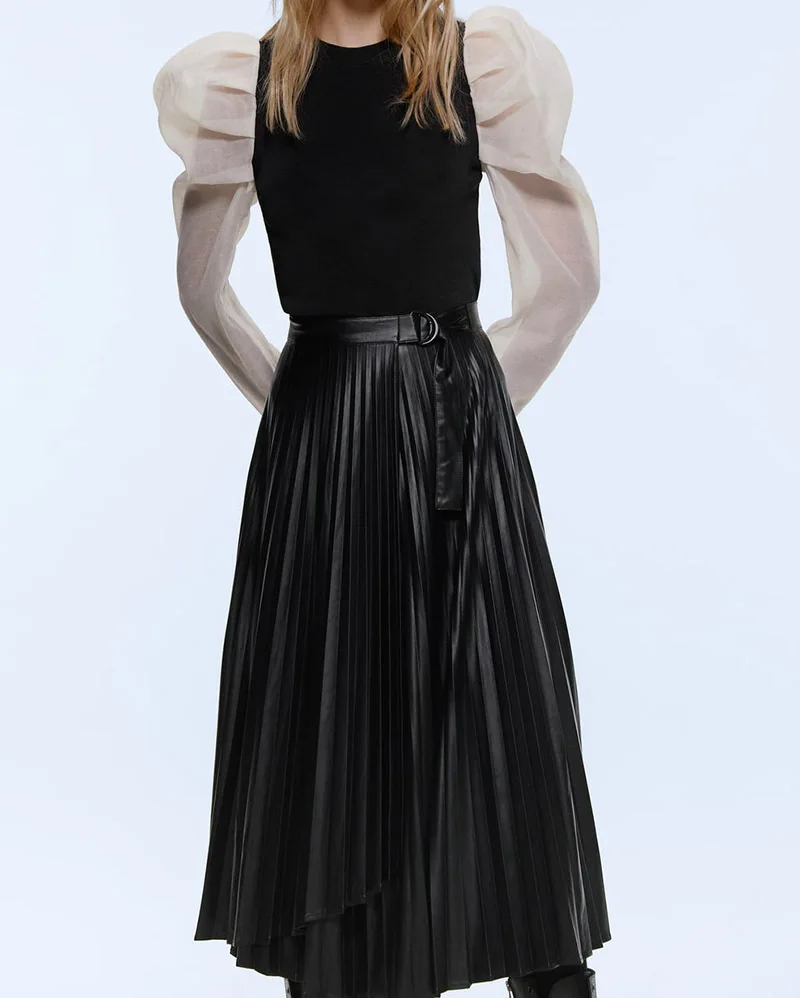 Fashion Pleated Skirt for Women Women Dance Clothing Ball Gown Black Faux Leather Faldas Mujer Moda Moda Mujer Mid-Calf Za