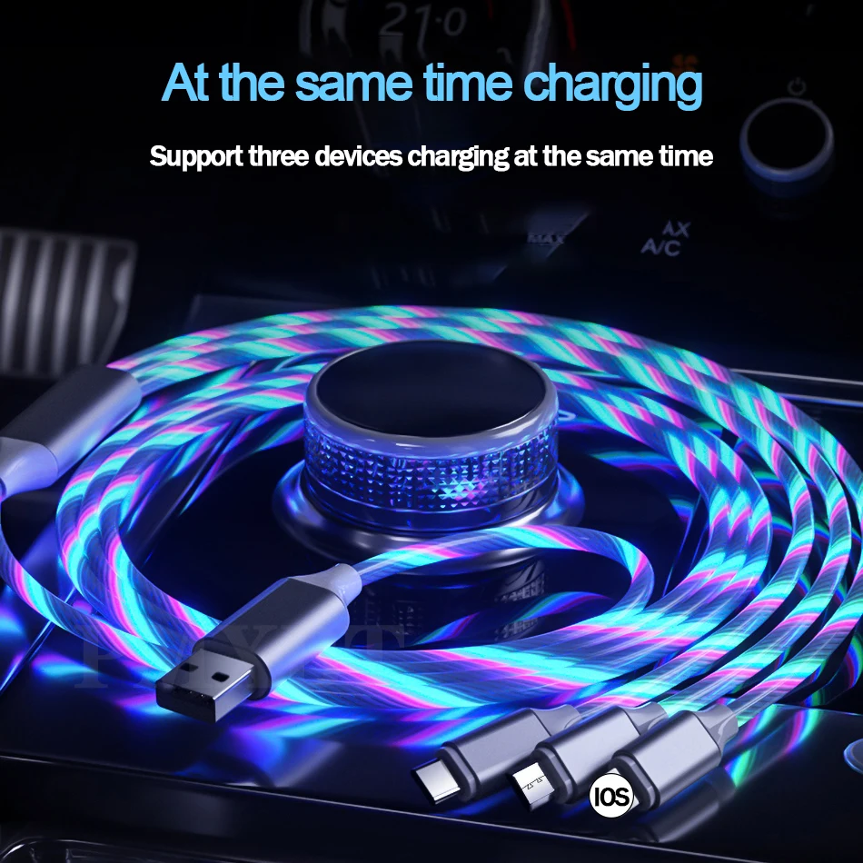 3 в 1 мобильный телефон USB кабель для iPhone Micro usb type C зарядный кабель для Xiaomi samsung Быстрая зарядка светодиодный плавный свет