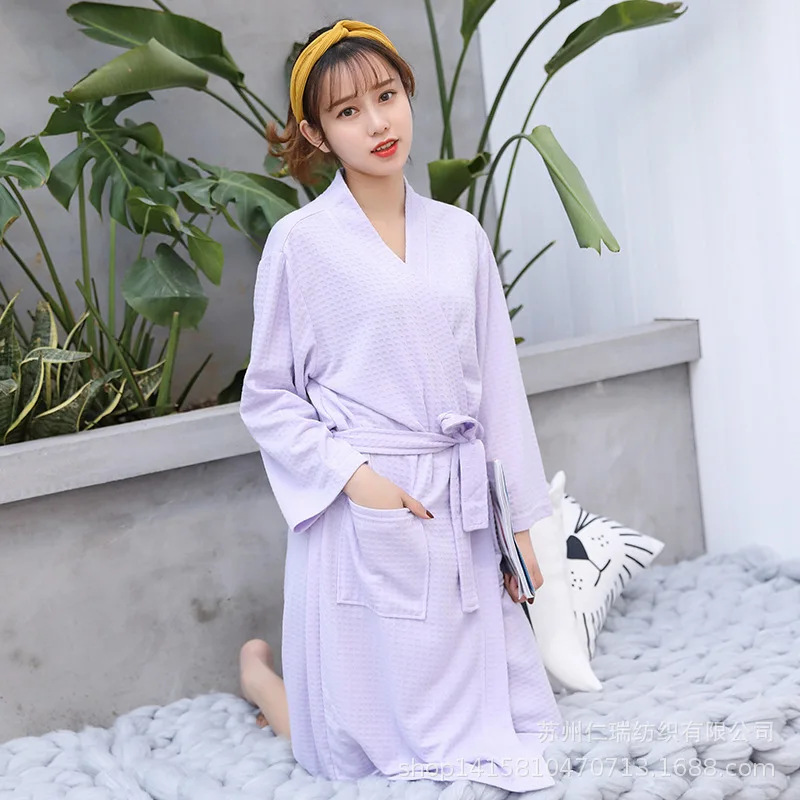 grey violet Женское ночное белье кимоно халат Soild зима осень Повседневный хлопковый банный халат с поясом элегантный халат для спа - Цвет: grey violet