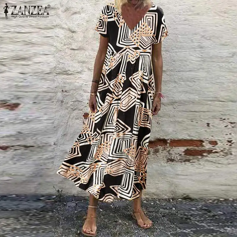 Женский летний сарафан ZANZEA винтажное длинное платье с V-образным вырезом