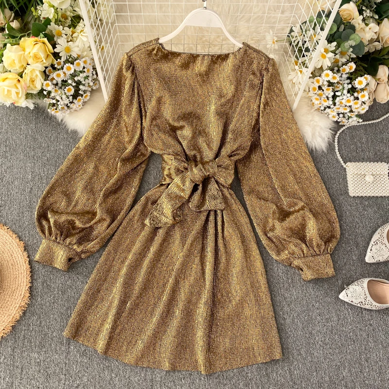 

Vintage Party Dress Women Slim Puff Sleeve Sexy V Neck Long Robe New 2019 Fashion Autumn Bright Golden Bandage Dresses Vestidos
