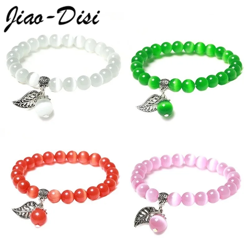

Women Opal Bracelet Natural Stone Smooth Cats Eye Beads Bracelet Cute Leaf Pendant Braclet Jewelry Gift Cat Eye Bracelets Bangle
