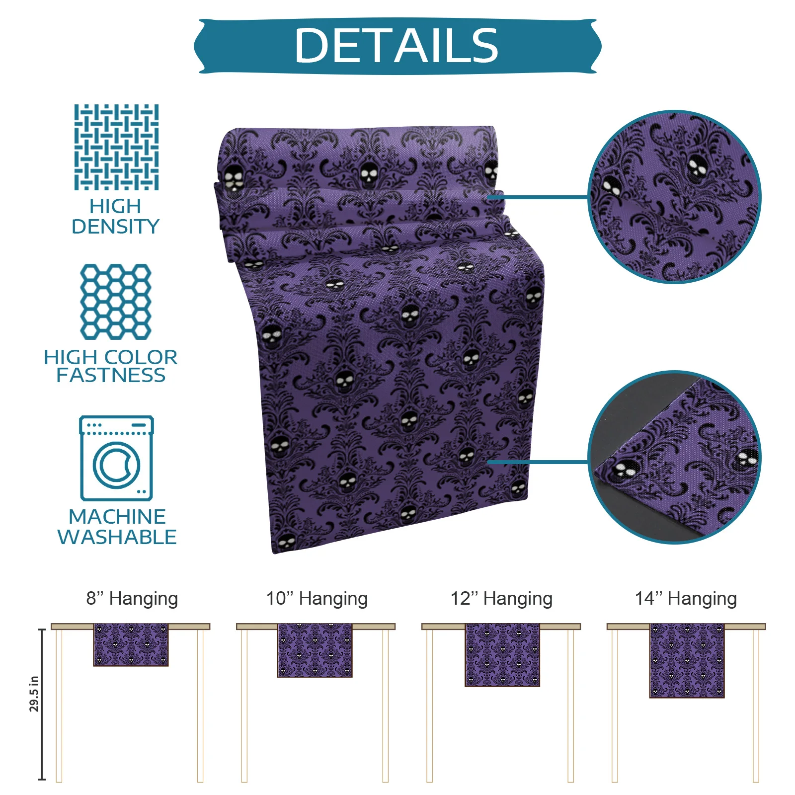 

Halloween Skull Pattern Retro Purple Luxury Table Runner Dining Table Wedding Party Christmas Cake Floral Tablecloth Decoration