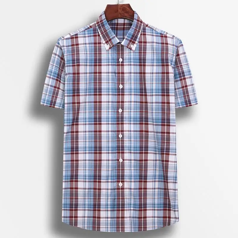 

Summer Holiday Short Sleeve Plaid Checkered Cotton Shirt Pocket-less Design Standard-fit Button-down Men's Casual Gingham Shirts