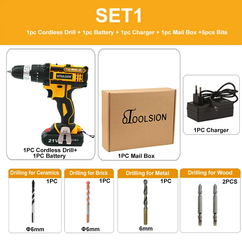 SET1 (1 pc battery) 21 в ударный Аккумуляторный шуруповерт наборы электрической дрели Аккумуляторная дрель электрические инструменты для работы по металлу - Цвет: SET1 (1 pc battery)