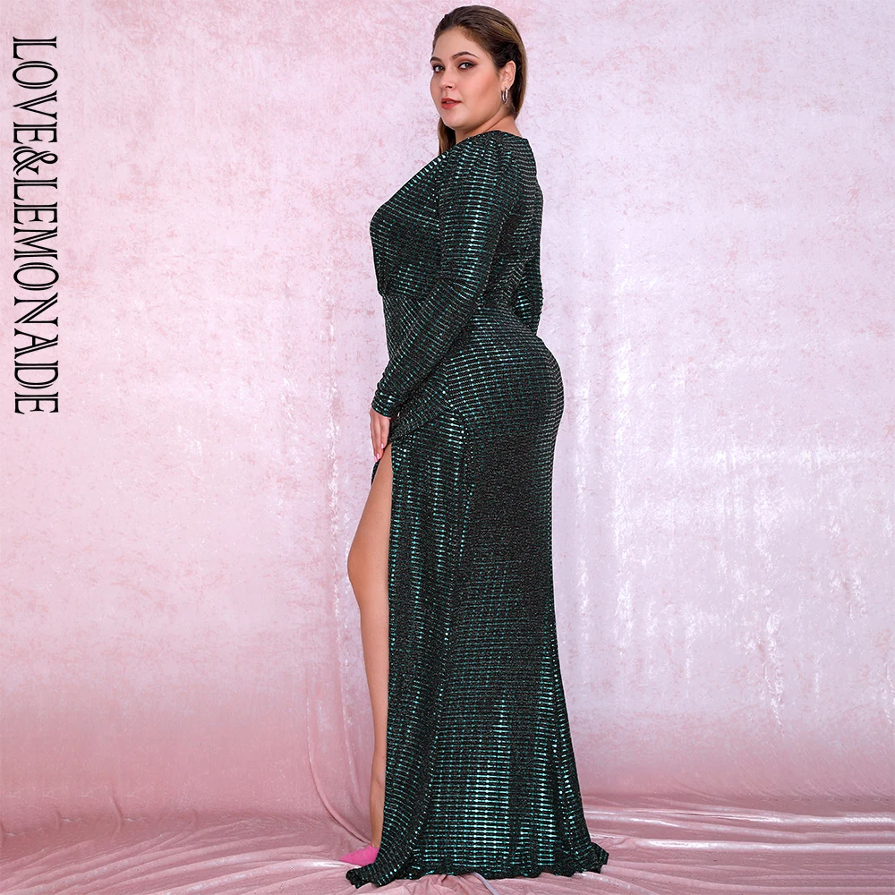 

LOVE&LEMONADE Plus Size Green Deep V-Neck Cut Out Puff Sleeves Glitter Elastic Material Maxi Dress LM81715PLUS