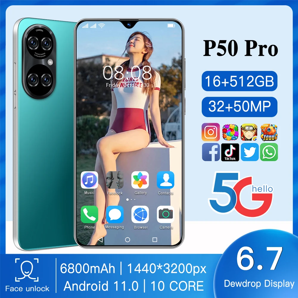 

Best Sales P50 Pro Global Version Smartphone 6.7 Inch Drop Screen 16GB 512GB 6800mAh Battery 32MP 50MP Camera Snapdragon 888