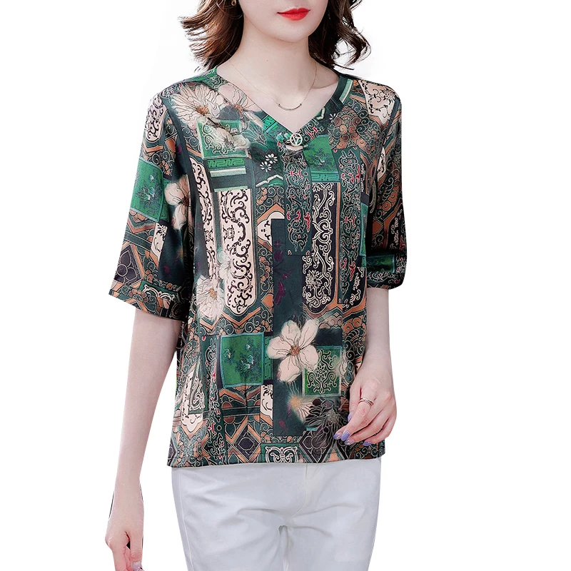 

COIGARSAM 4XL Plus Size Fashion Print blouse women Summer Spring Half Sleeve V-Neck blusas womens tops and blouses Green 8885