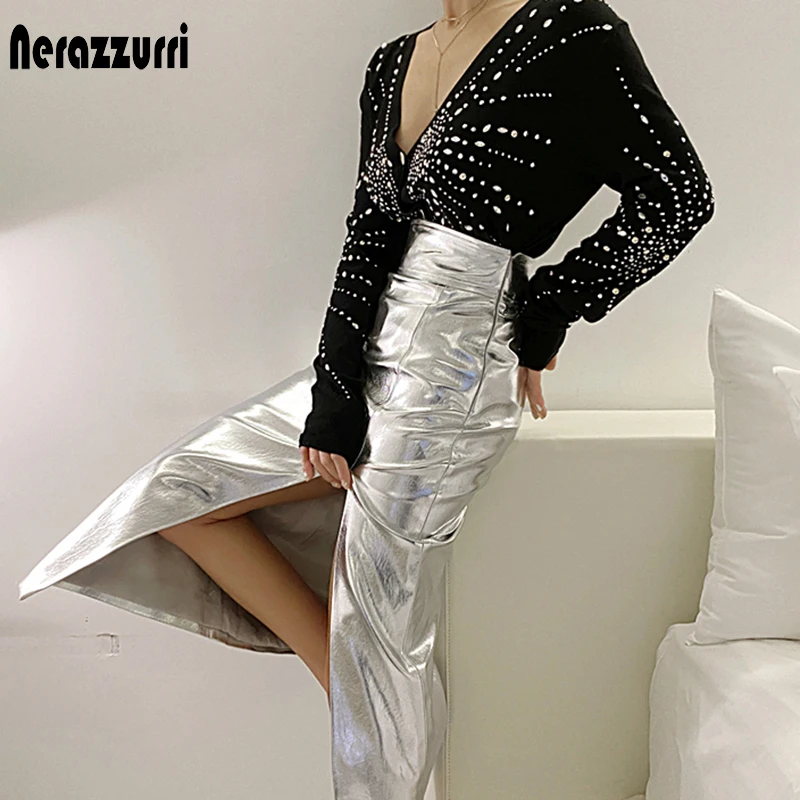 Nerazzurri Black Reflective patent leather skirt with slit high waist Silver Midi skirt for women long skirts for women 2021 images - 6