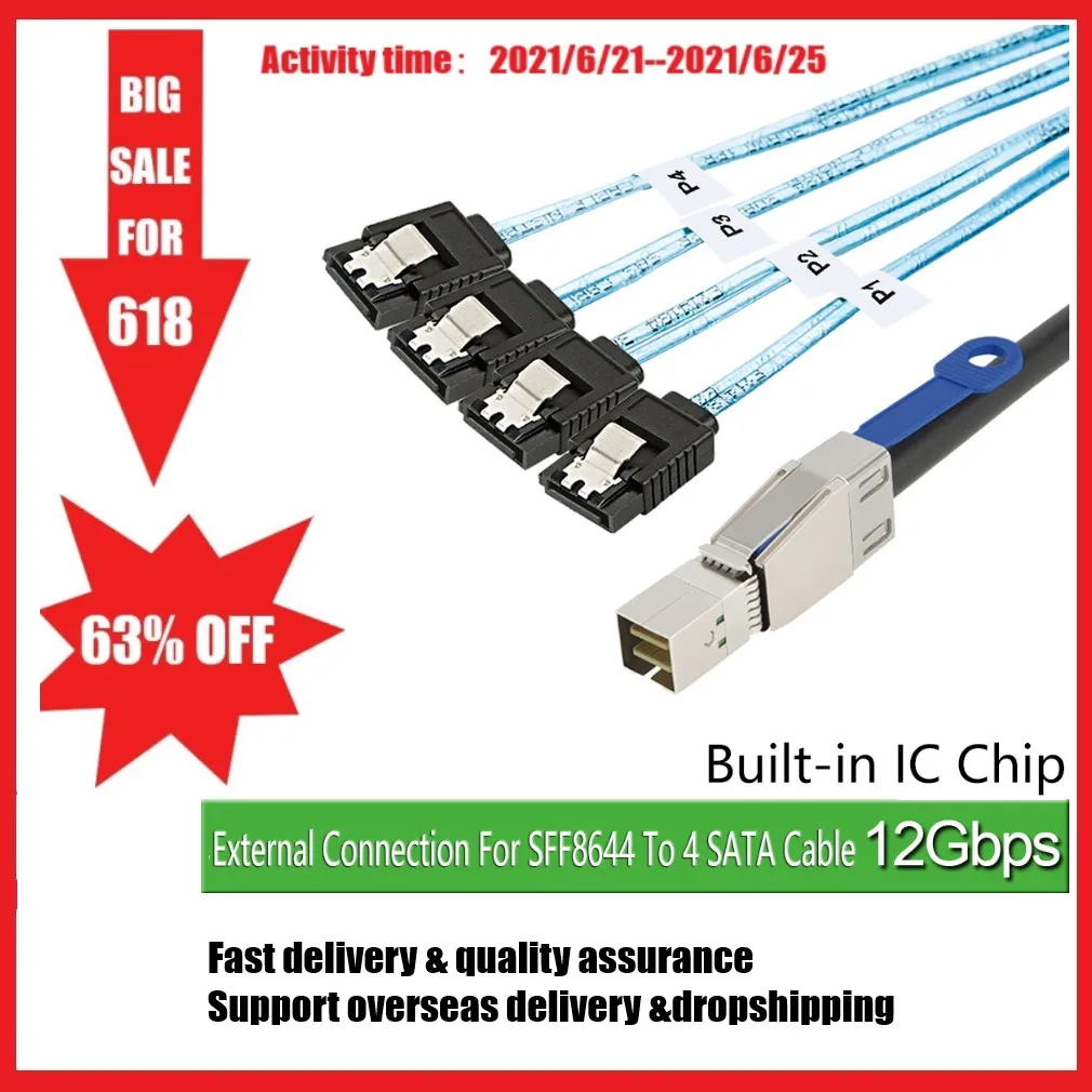 

2021 NEW Mini SAS Cable SFF8644 To 4 SATA ports , 7pin 12GB HD SAS Cable for Hard Disk Data Server 50cm sata usb