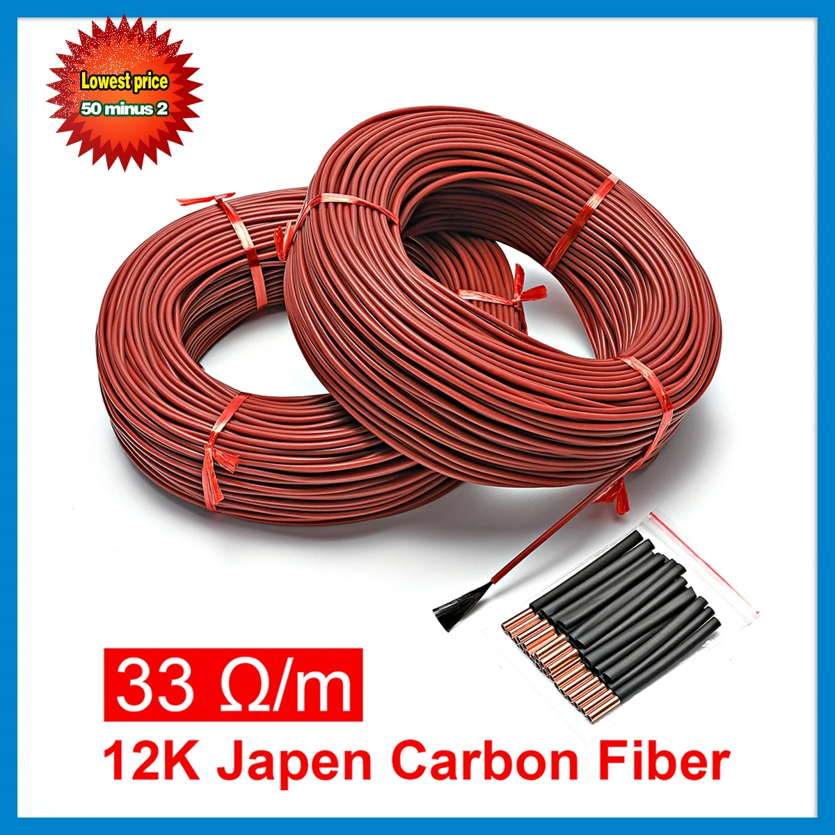 

12K 33ohm/m Infrared Carbon Fiber Heating Wire Silicone Rubber Warm Floor Heating Cable with Thermostat