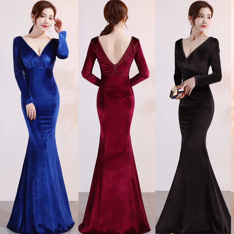 Осенне-зимние женские сексуальные бархатные вечерние платья с глубоким