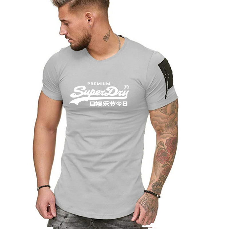 

2021 Sumeer Gym T Shirt For Men Fitness Cotton T-Shirt Side Zipper Pockets Oversized 5xl O-Neck Short Sleeve Casual Streetwear